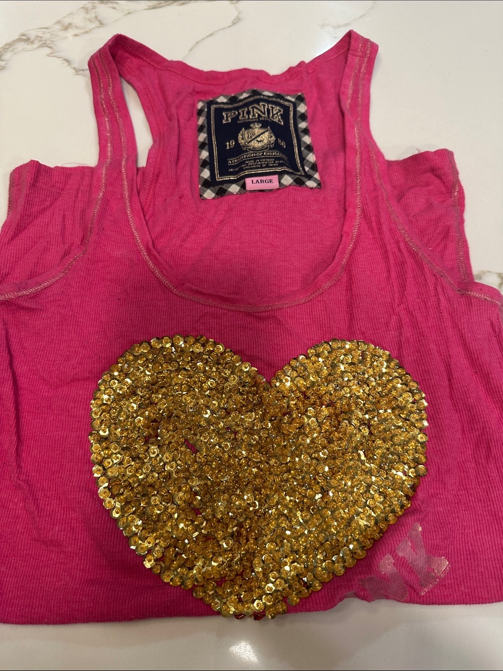 PINK Victoria's Secret Hot Pink Tank with Gold Sequin Heart